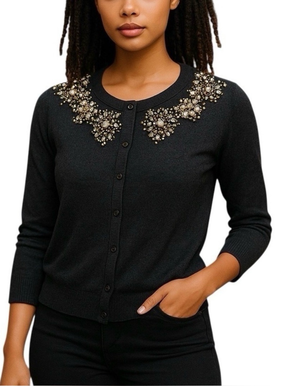 LOFT Black Cardigan with Stunning Gold Embellishments Charcoal SP Y2K